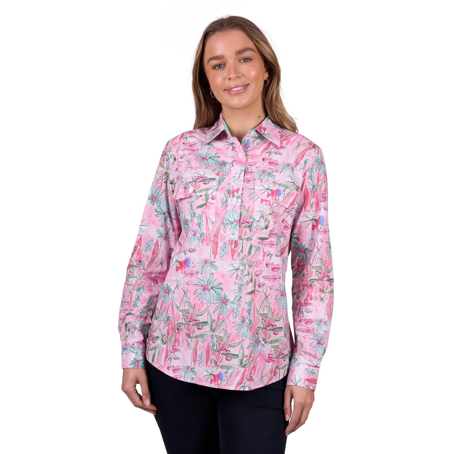 HARD SLOG WOMENS MILL HALF BUTTON SHIRT-Ranges Country