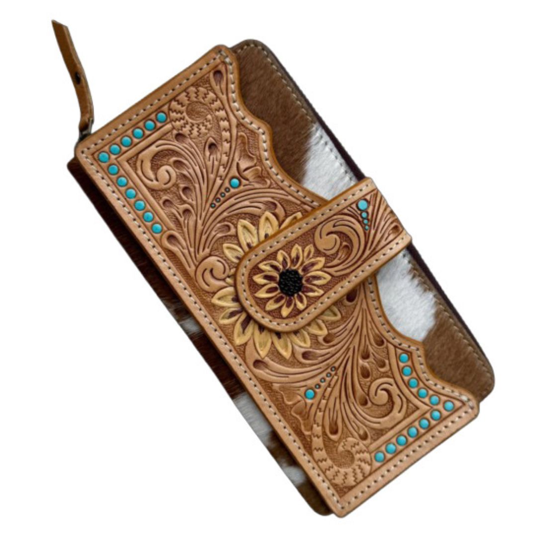 SUNFLOWER COWHIDE ZIPPERED LEATHER WALLET