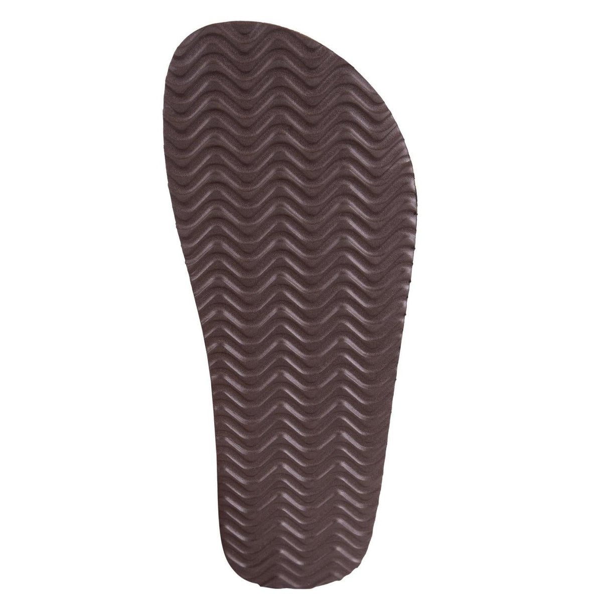 A dark brown shoe sole with a wavy chevron tread pattern, shown against a plain white background.