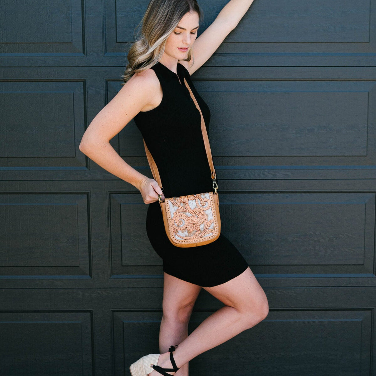 CATANIA TOOLED LEATHER CUTWORK COWHIDE FLAP BAG