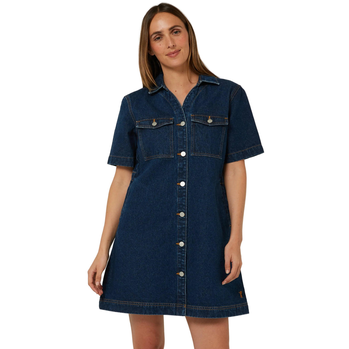 PILBARA WOMENS JOSIE SHORT SLEEVE DARK INDIGO DENIM DRESS