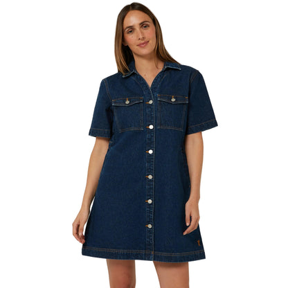 PILBARA WOMENS JOSIE SHORT SLEEVE DARK INDIGO DENIM DRESS
