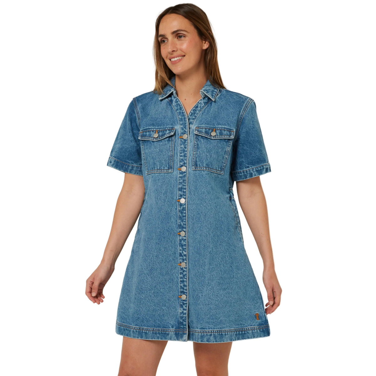 PILBARA WOMENS JOSIE SHORT SLEEVE LIGHT INDIGO DENIM DRESS