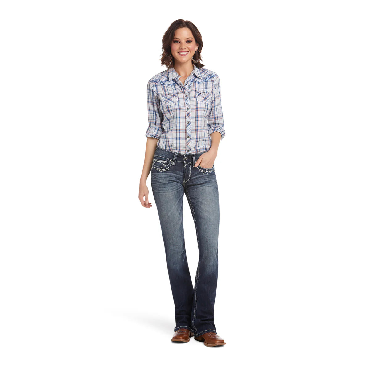 ARIAT WOMENS REAL MID RISE STRETCH BOOT CUT ENTWINED MARINE JEANS