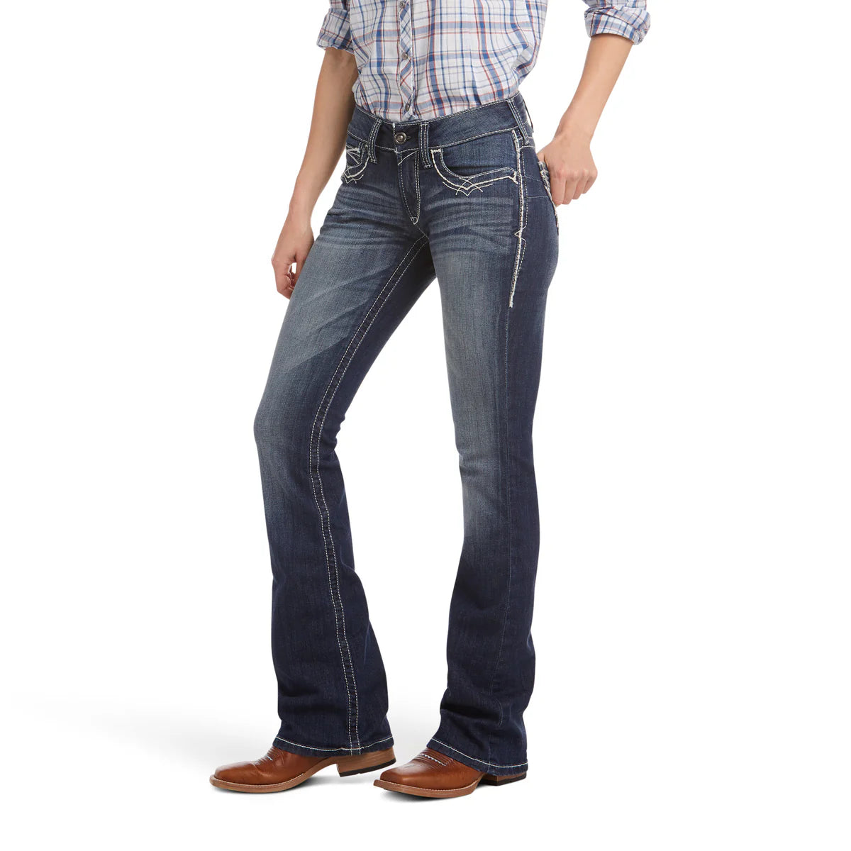 ARIAT WOMENS REAL MID RISE STRETCH BOOT CUT ENTWINED MARINE JEANS