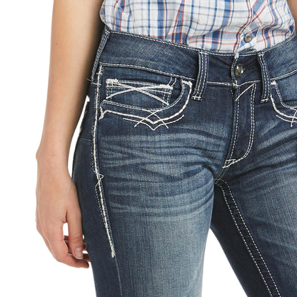 ARIAT WOMENS REAL MID RISE STRETCH BOOT CUT ENTWINED MARINE JEANS