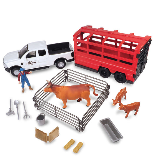 BIG COUNTRY TOYS 18 PC TRUCK AND CATTLE TRAILER PLAYSET-Ranges Country
