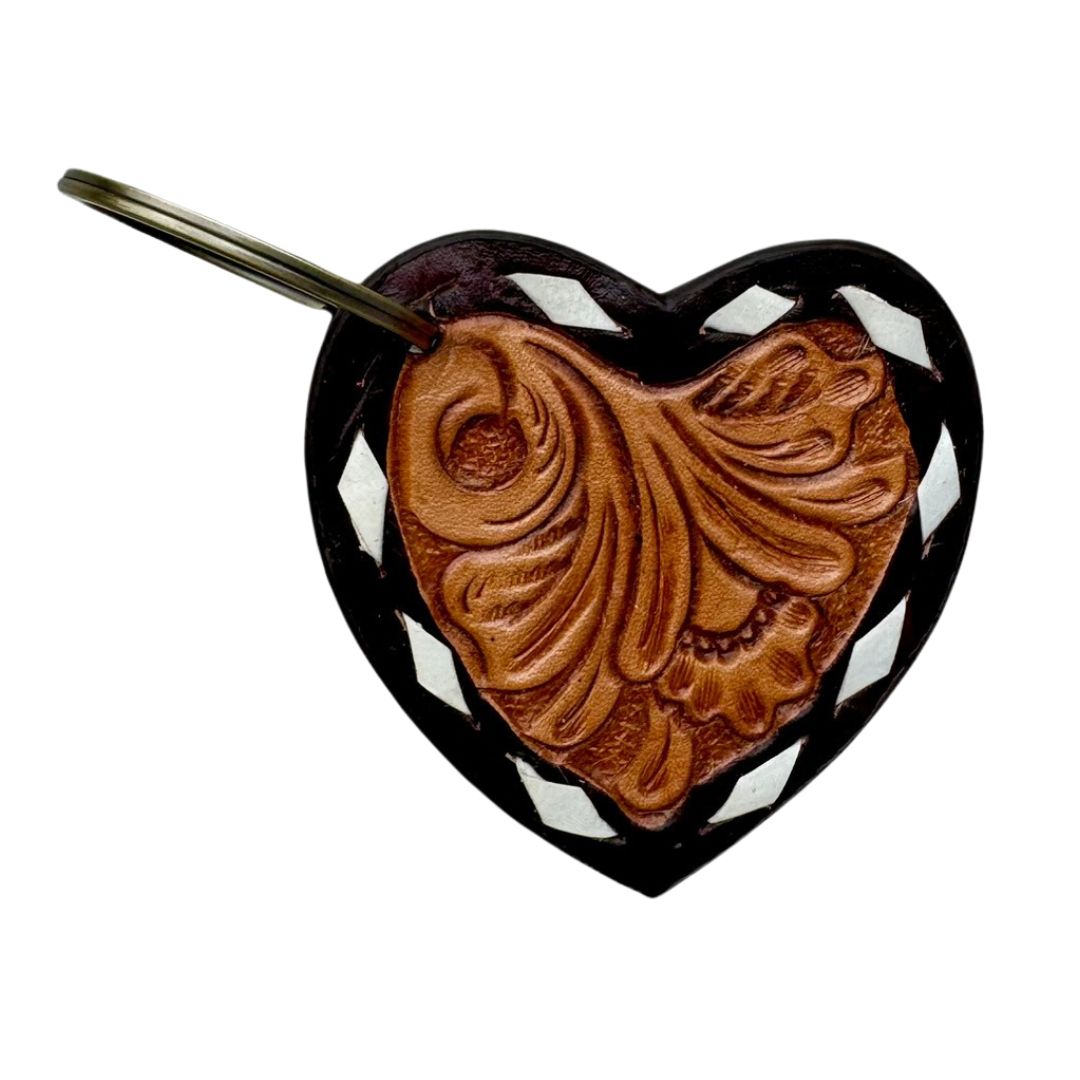 BUCK STITCH TOOLED LEATHER HEART KEY RING-Ranges Country