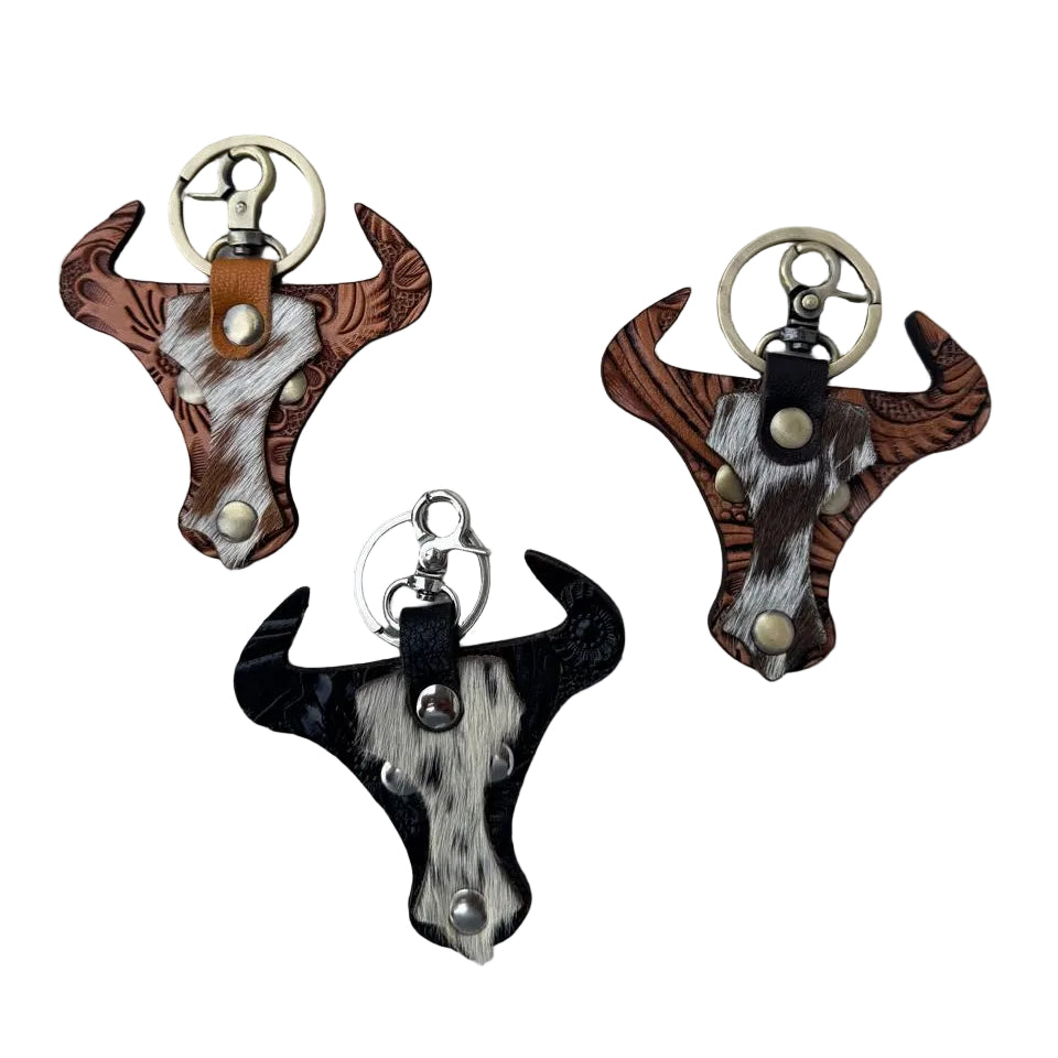 TOOLED LEATHER COWHIDE LONGHORN KEY RING