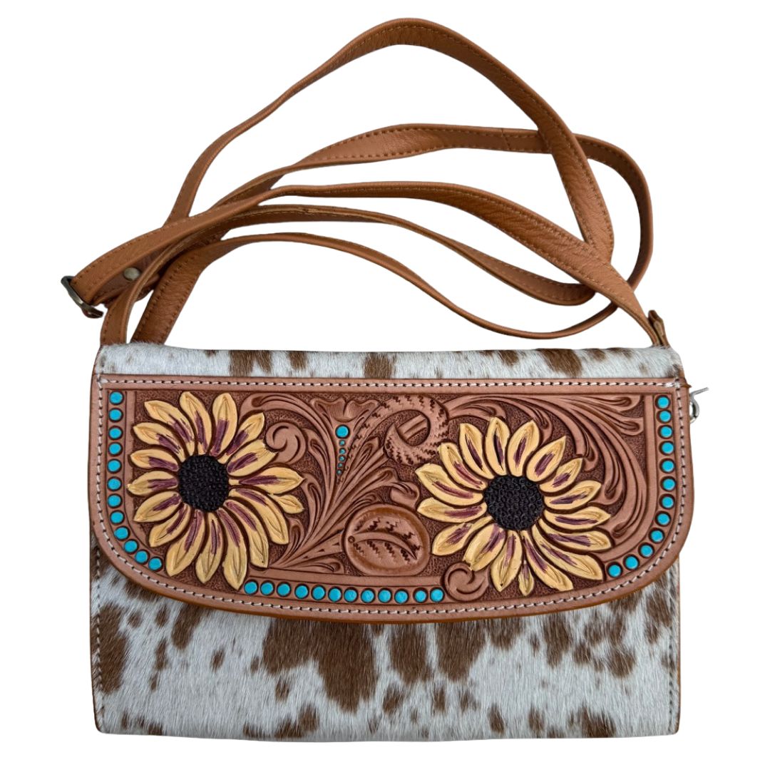 SUNFLOWER TOOLED LEATHER COWHIDE WALLET BAG-Ranges Country