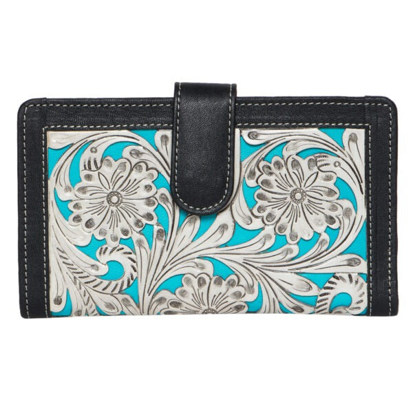 CARVED LEATHER TURQUOISE CLUTCH WALLET