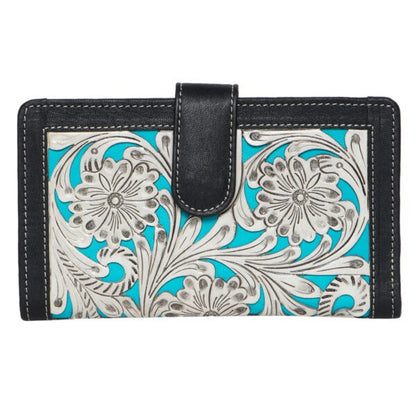 CARVED LEATHER TURQUOISE CLUTCH WALLET