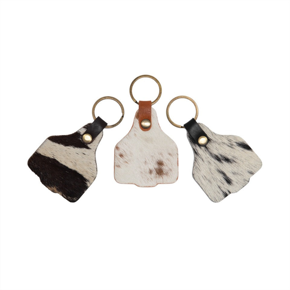 HAIR ON COWHIDE CATTLE TAG KEY RING