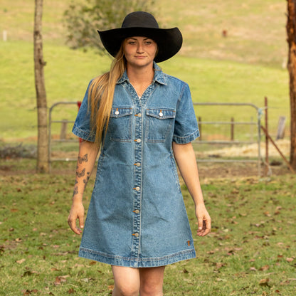 PILBARA WOMENS JOSIE SHORT SLEEVE LIGHT INDIGO DENIM DRESS