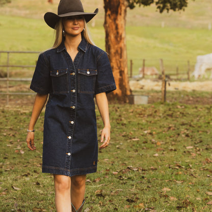 PILBARA WOMENS JOSIE SHORT SLEEVE DARK INDIGO DENIM DRESS