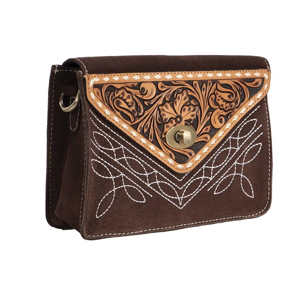 FORT WORTH TOOLED ROUGHOUT LEATHER HANDBAG