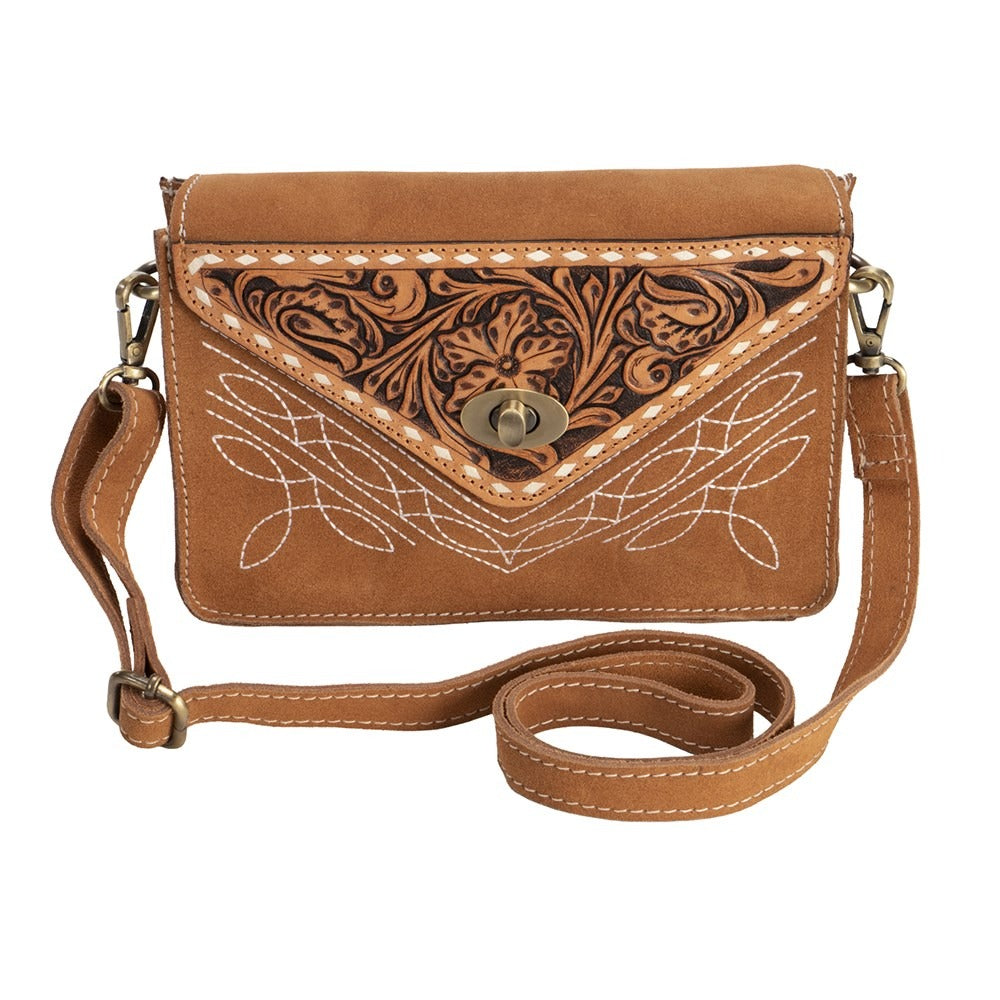 FORT WORTH TOOLED ROUGHOUT LEATHER HANDBAG