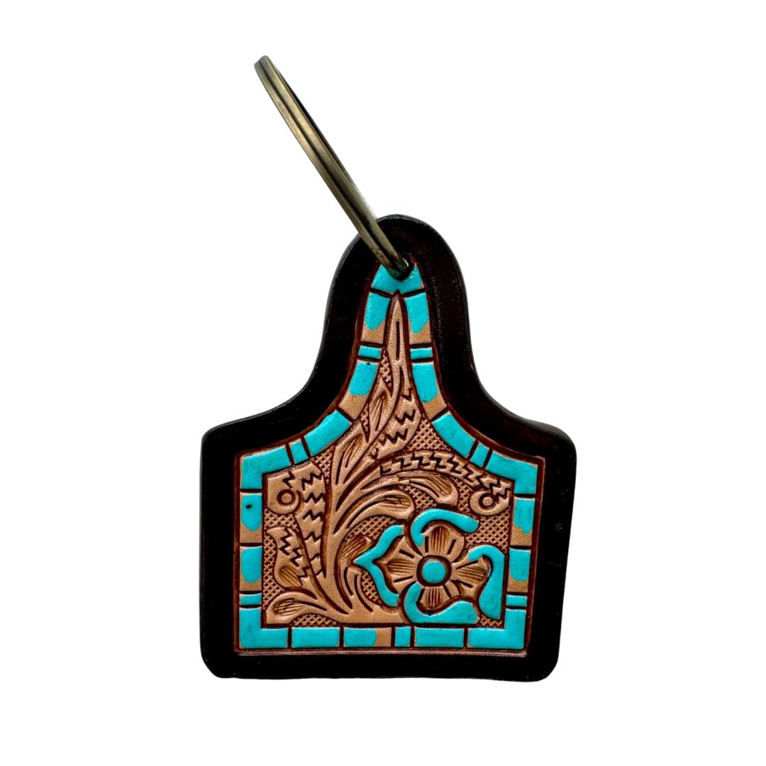 HAND PAINTED TOOLED LEATHER CATTLE TAG KEY RING-Ranges Country
