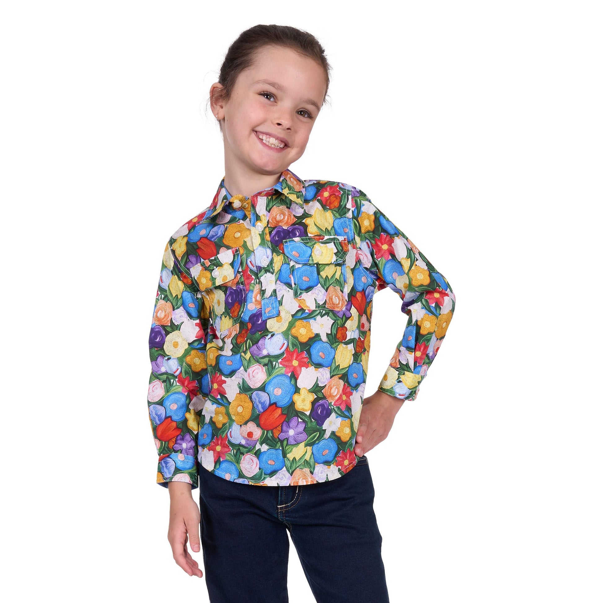 HARD SLOG KIDS DELIA HALF BUTTON SHIRT-Ranges Country