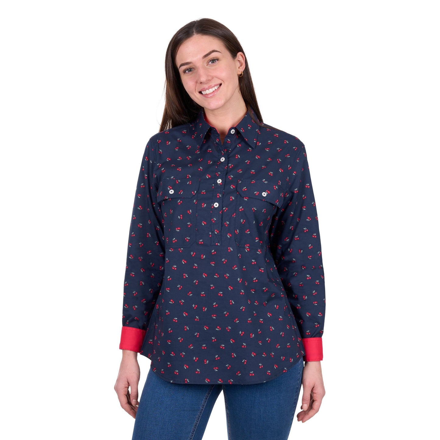 HARD SLOG WOMENS CHERRY HALF BUTTON SHIRT