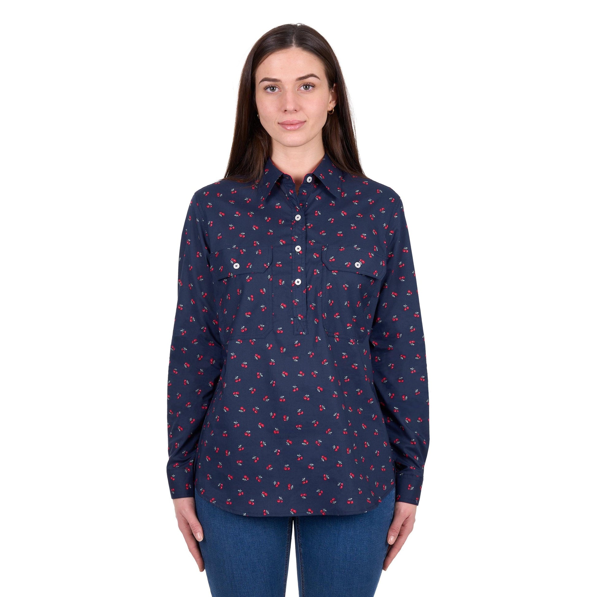 HARD SLOG WOMENS CHERRY HALF BUTTON SHIRT-Ranges Country