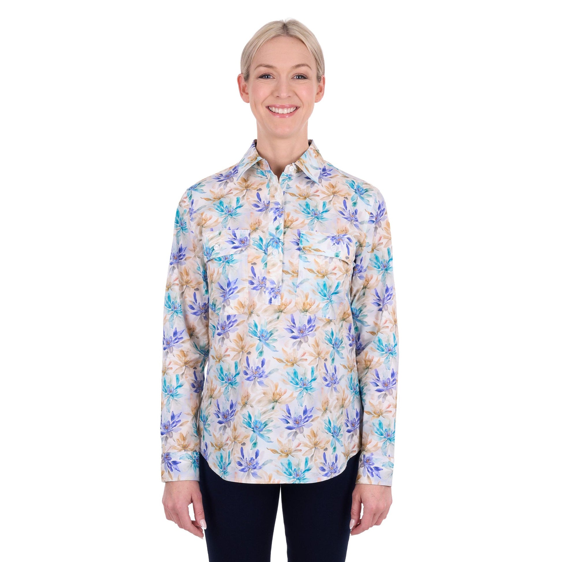 HARD SLOG WOMENS MEADOW HALF BUTTON SHIRT-Ranges Country