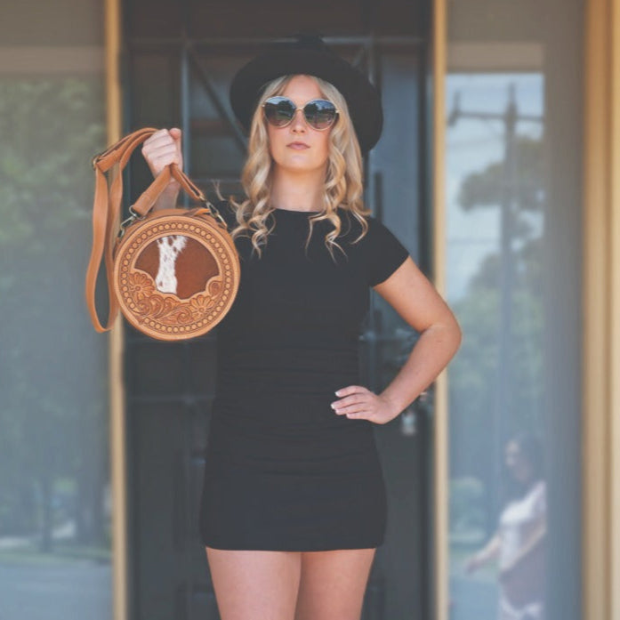 JAMAICA ROUND TOOLED LEATHER COWHIDE BAG