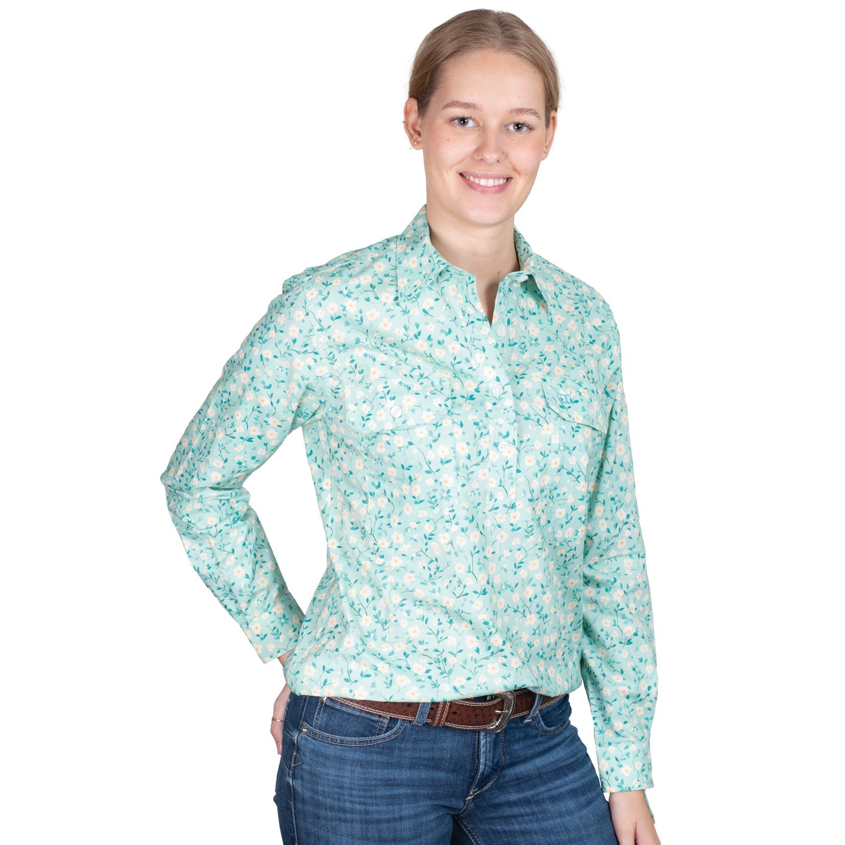 JUST COUNTRY WOMENS GEORGIE TURQUOISE FLORAL SHIRT-Ranges Country