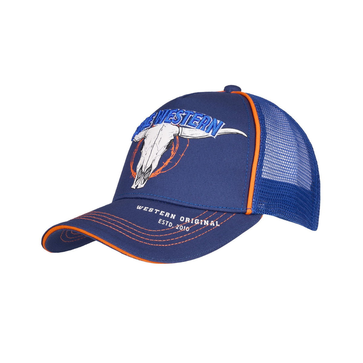 A blue trucker hat with a mesh back, featuring a large white steer skull logo and the text 'Western Originals' on the front panel and brim, accented with orange piping.