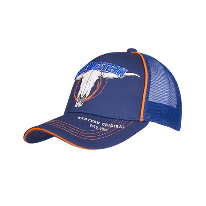 A blue trucker hat with a mesh back, featuring a large white steer skull logo and the text 'Western Originals' on the front panel and brim, accented with orange piping.