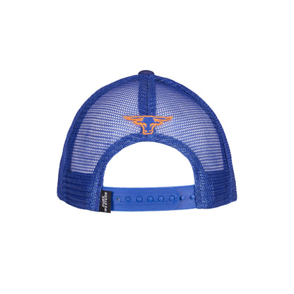 A blue trucker hat with a mesh back and an orange longhorn logo on the front, shown from the back view against a white background.