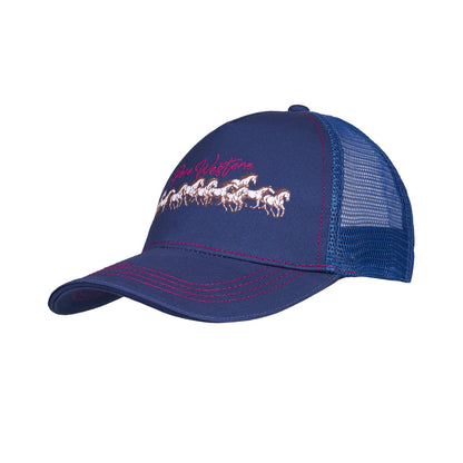 A blue trucker hat with a curved brim, featuring a white embroidered line of horses and pink script text on the front panels, set against a plain white background.