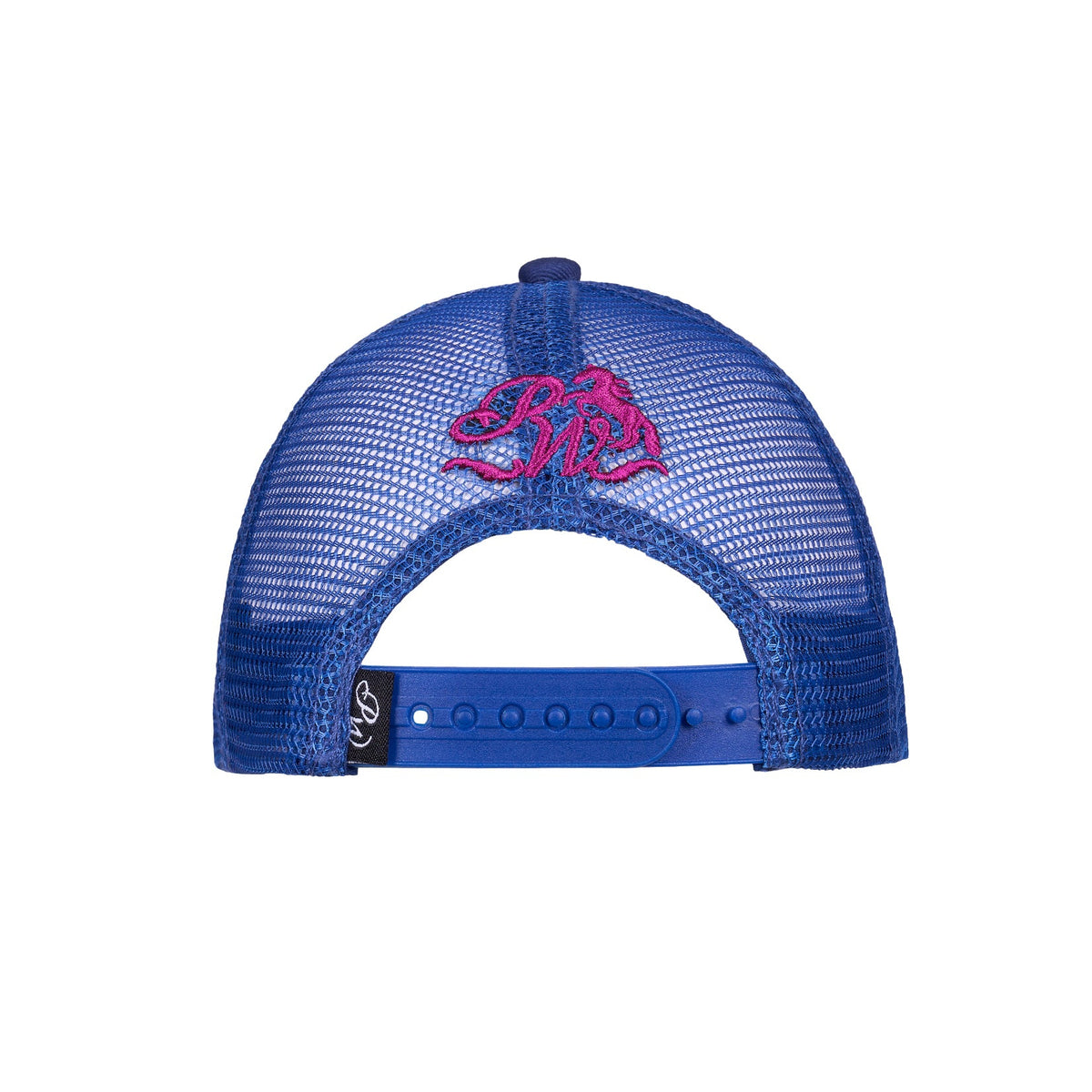 A blue mesh-back trucker hat shown from the back, featuring a pink embroidered logo on the back panel and a matching blue adjustable strap.