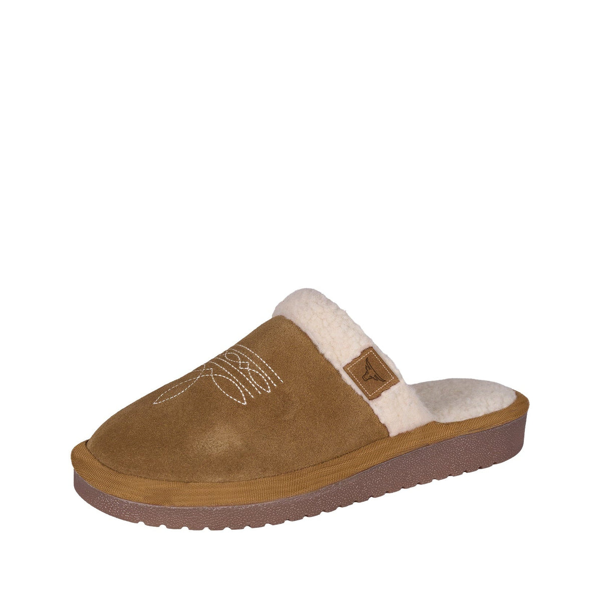 A single women's slip-on mule slipper in tan suede with a cream shearling lining, shown from a side profile view against a plain white background.