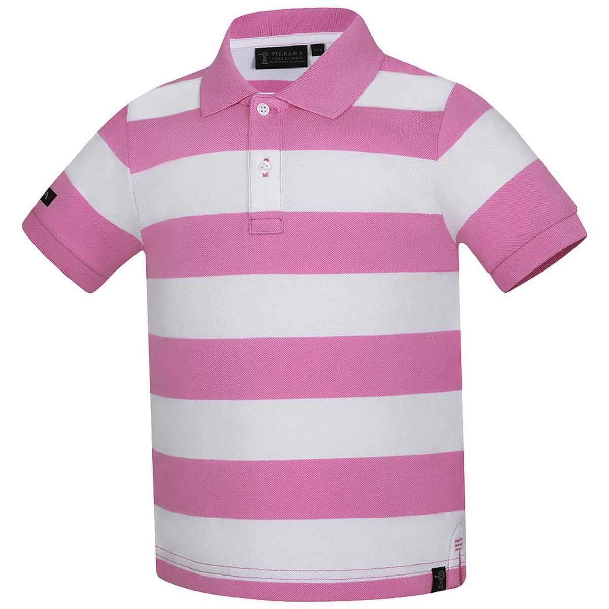 A short-sleeve polo shirt with horizontal pink and white stripes, featuring a classic collar and a two-button placket.