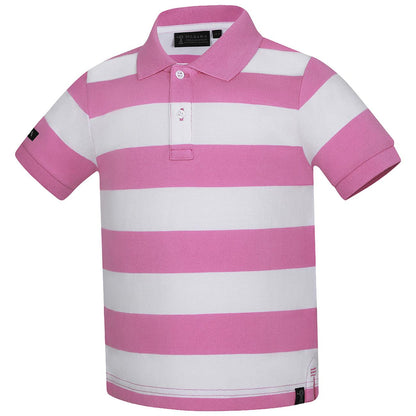 A short-sleeve polo shirt with horizontal pink and white stripes, featuring a classic collar and a two-button placket.