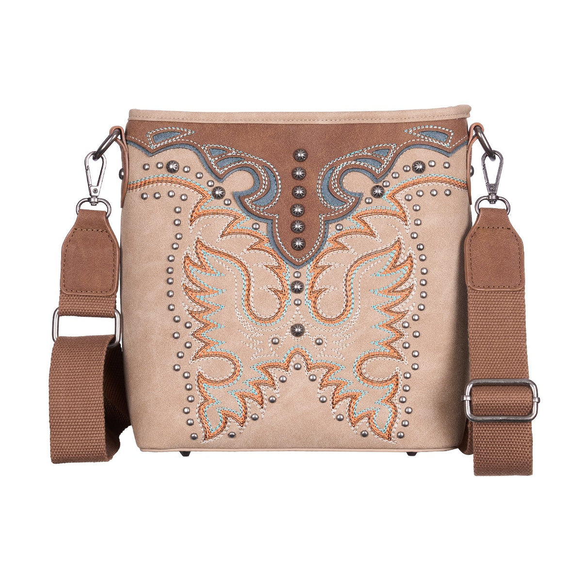 A beige western-style crossbody bag with brown leather trim, studded details, and a matching brown adjustable shoulder strap, shown against a plain white background.