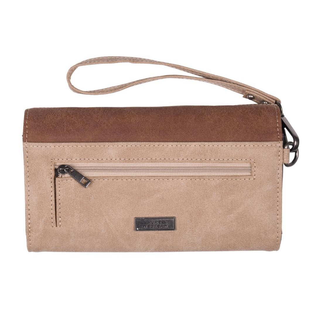 A beige and brown faux-suede wristlet clutch with a zippered front pocket and a matching wrist strap, shown against a plain white background.