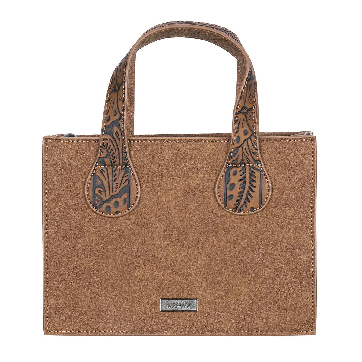 A tan leather tote bag with dark brown tooled floral details on the handles and a small silver-tone brand plaque at the bottom center, shown against a plain white background.