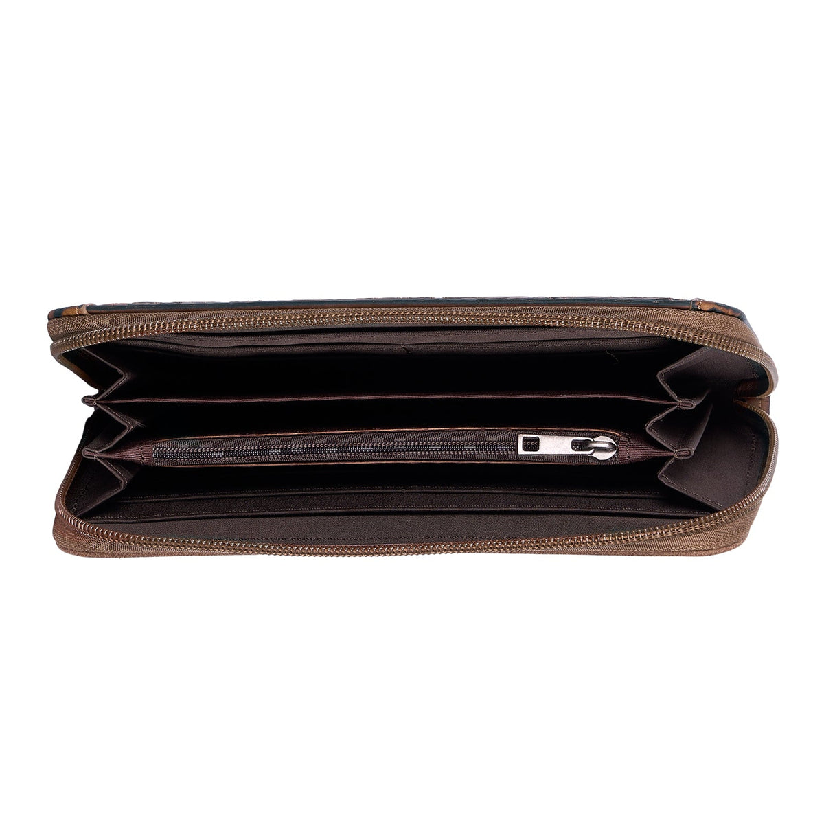 An open brown leather wallet or clutch with multiple interior card slots and a zippered compartment, shown against a plain white background.