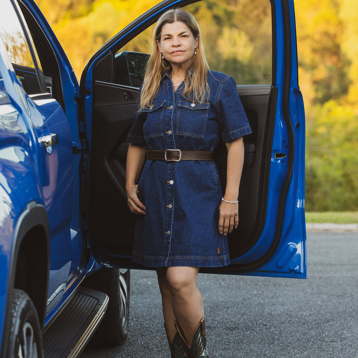PILBARA WOMENS JOSIE SHORT SLEEVE DARK INDIGO DENIM DRESS