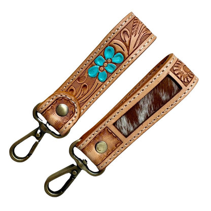 SLEEK TOOLED LEATHER & COWHIDE KEY RING