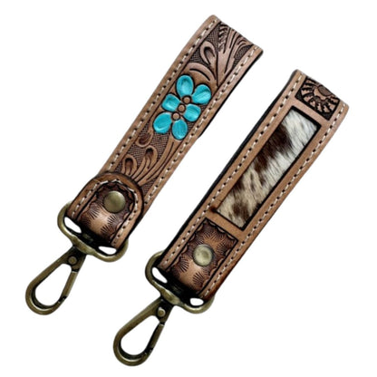 SLEEK TOOLED LEATHER & COWHIDE KEY RING