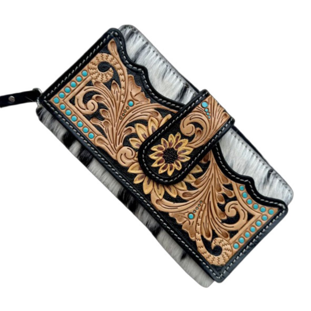 SUNFLOWER COWHIDE ZIPPERED LEATHER WALLET