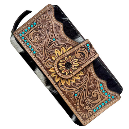 SUNFLOWER COWHIDE ZIPPERED LEATHER WALLET