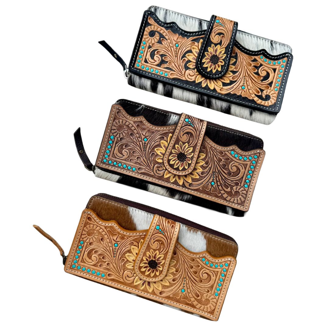 SUNFLOWER COWHIDE ZIPPERED LEATHER WALLET-Ranges Country