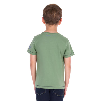 A child viewed from behind wearing a sage green short-sleeve t-shirt with dark blue jeans, set against a plain white background.