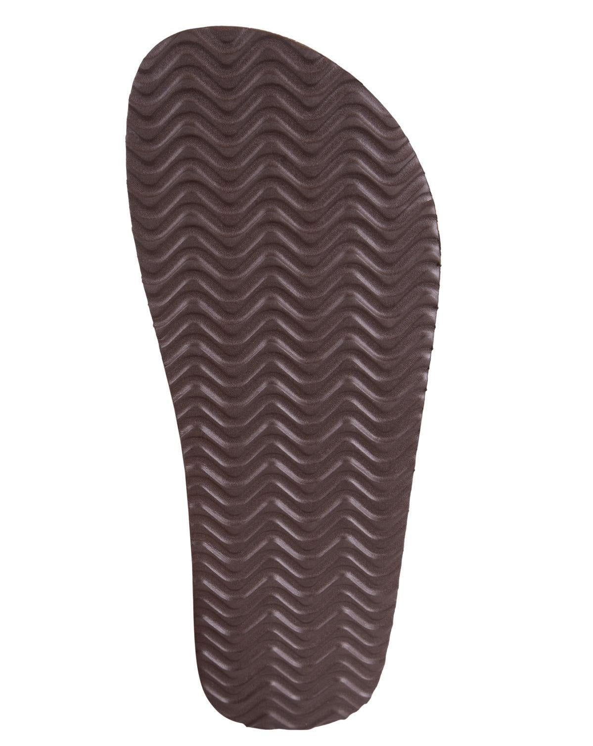 A dark brown shoe sole with a wavy chevron tread pattern, shown against a plain white background.