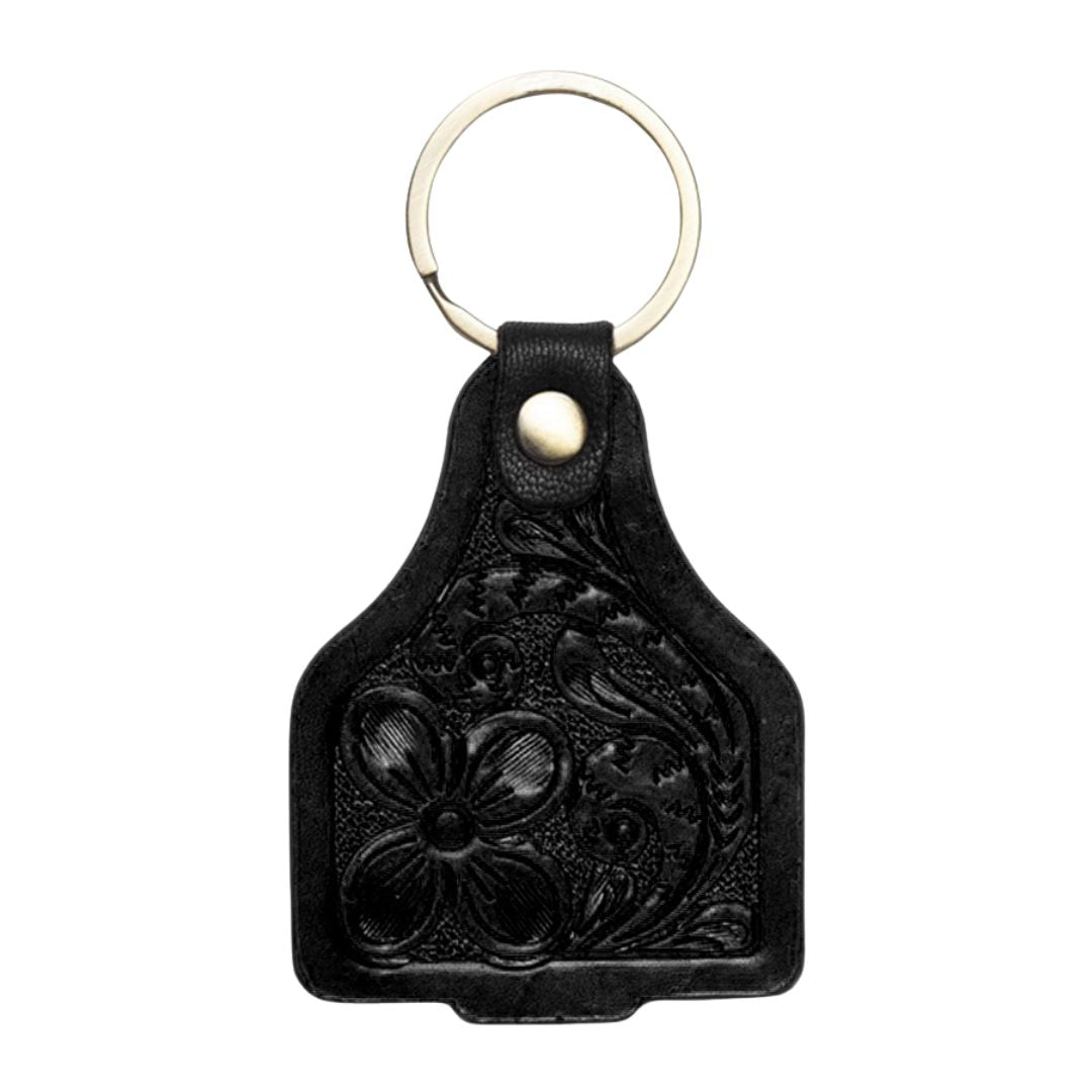 TOOLED LEATHER CATTLE TAG KEY RING