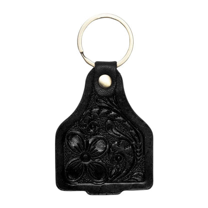 TOOLED LEATHER CATTLE TAG KEY RING